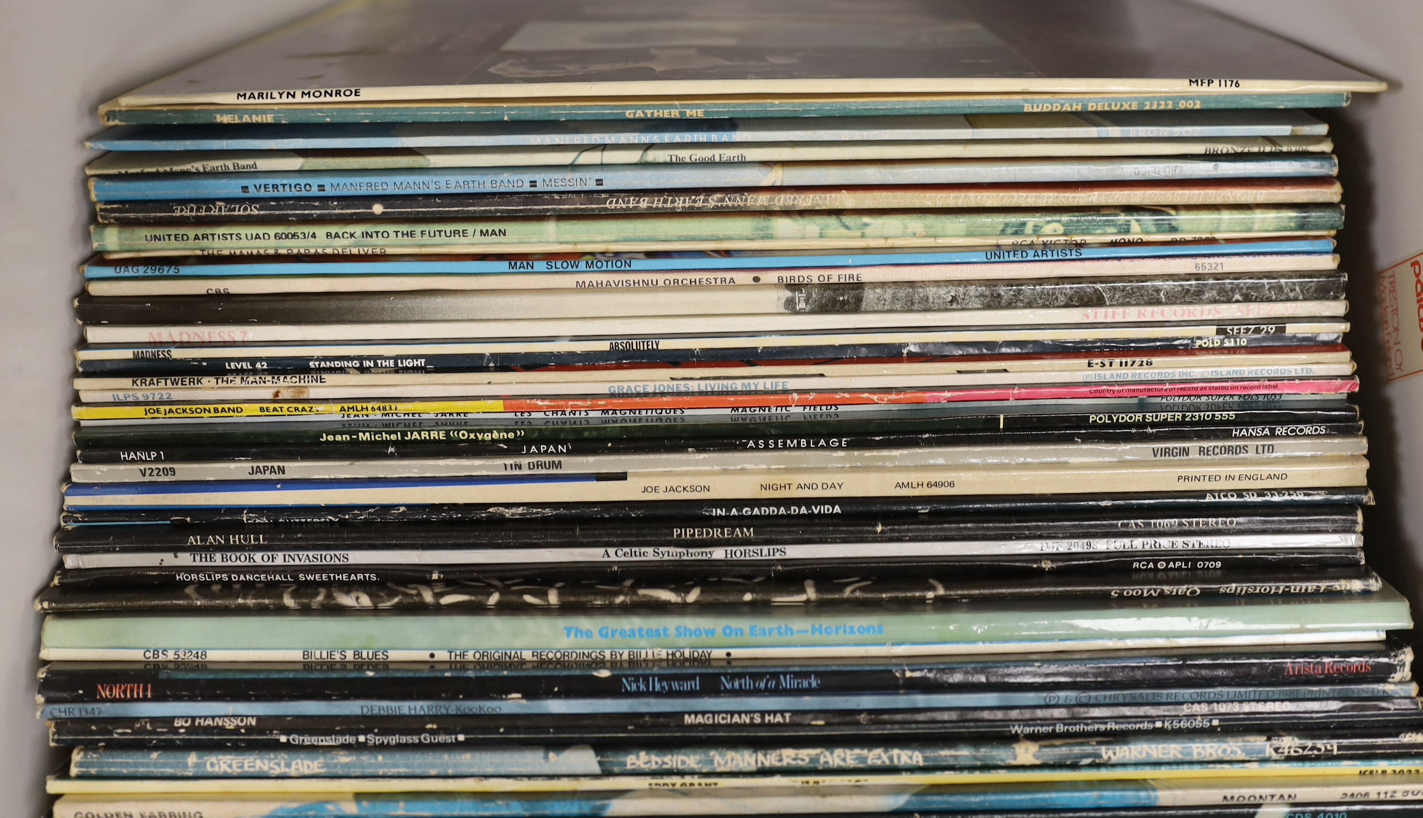 Forty-two LP record albums, artists including; Fleetwood Mac, Focus, Genesis, Debbie Harry, Jean-Michel Jarre, Level 42, Manfred Mann, etc.